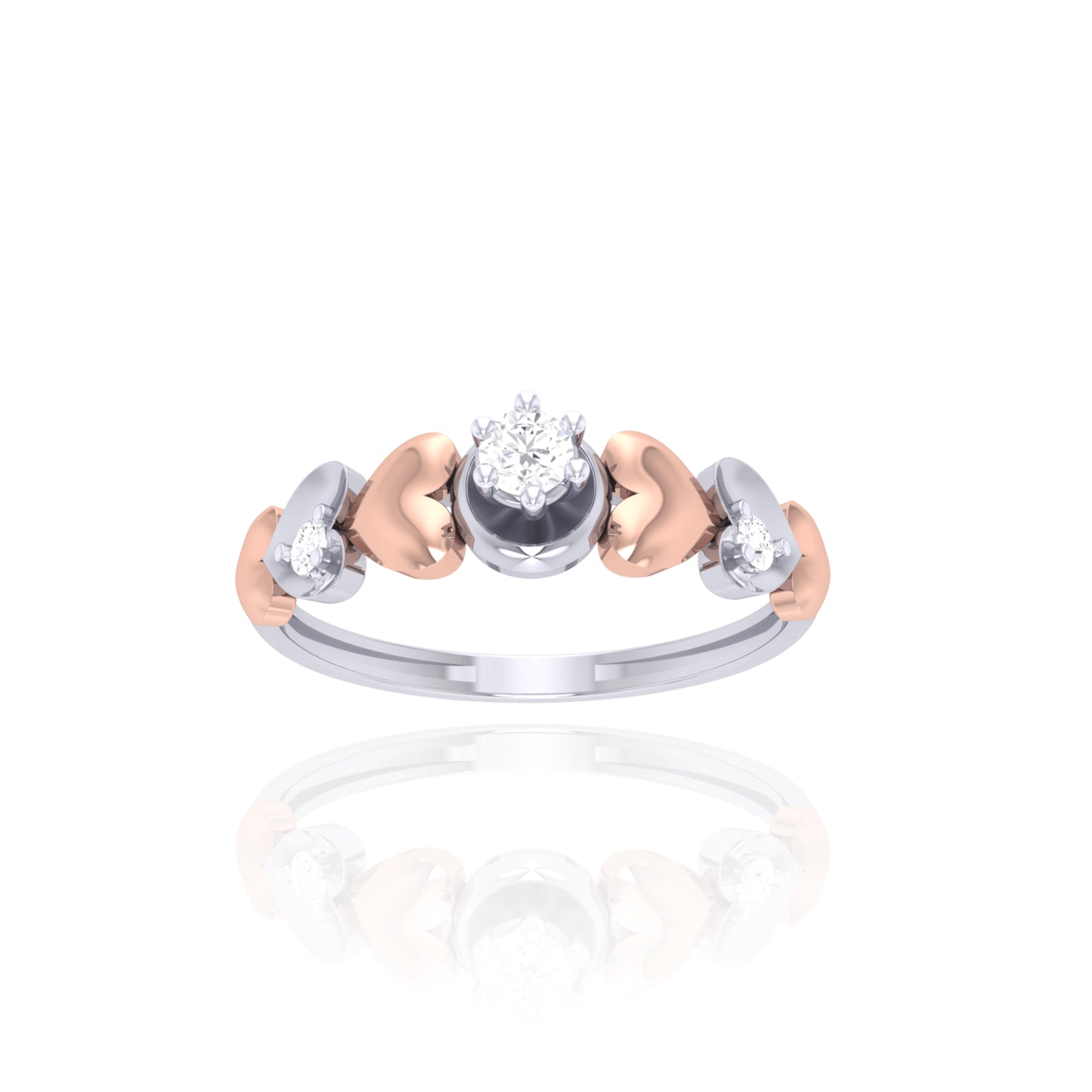 925 Silver Two-Tone Diamond Ring with Heart Motifs