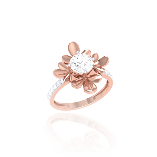 925 Silver Rose Gold Floral Diamond Solitaire Ring