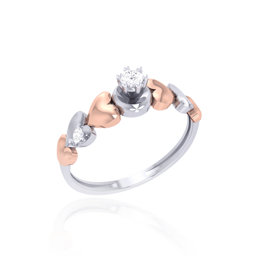 925 Silver Two-Tone Diamond Ring with Heart Motifs