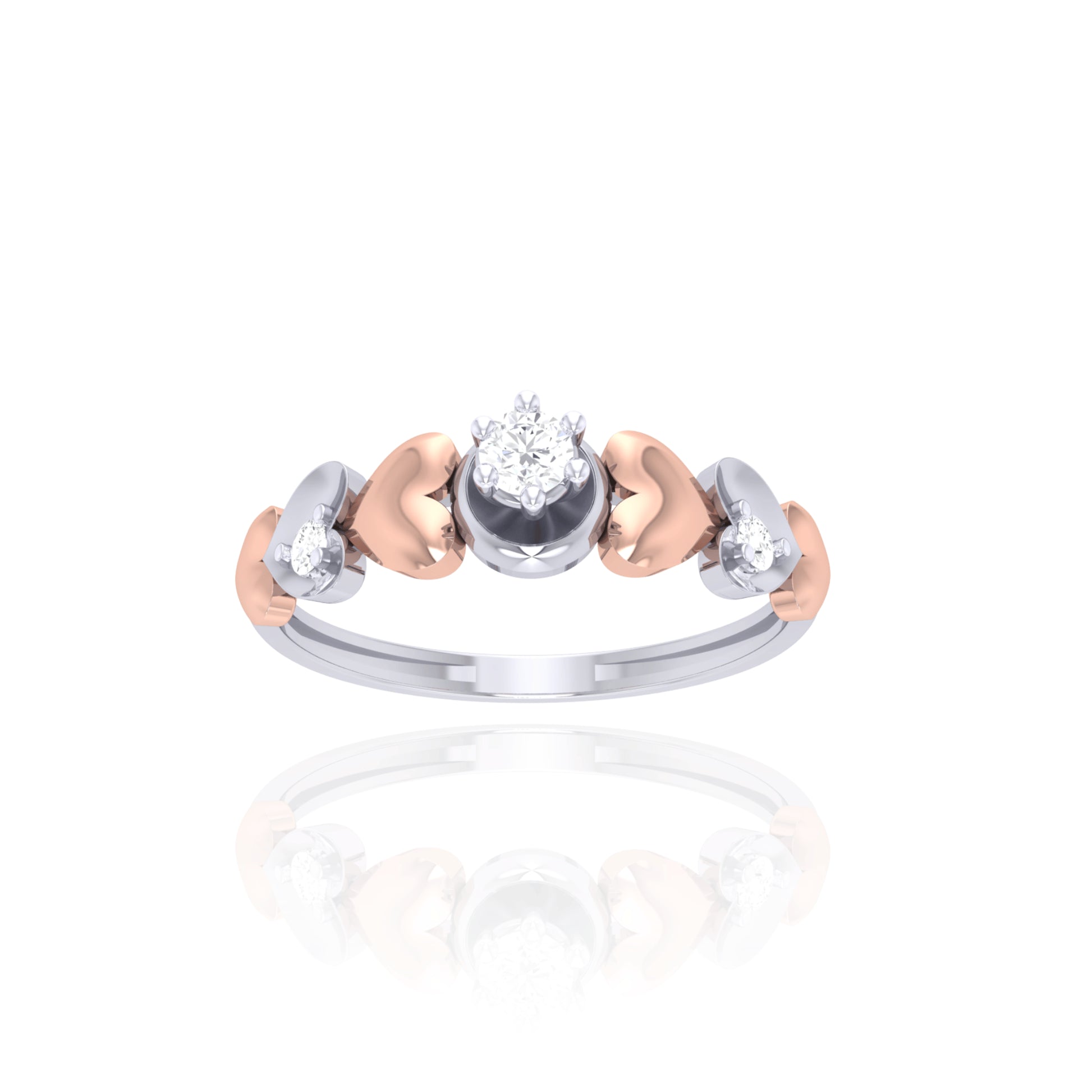 925 Silver Two-Tone Diamond Ring with Heart Motifs