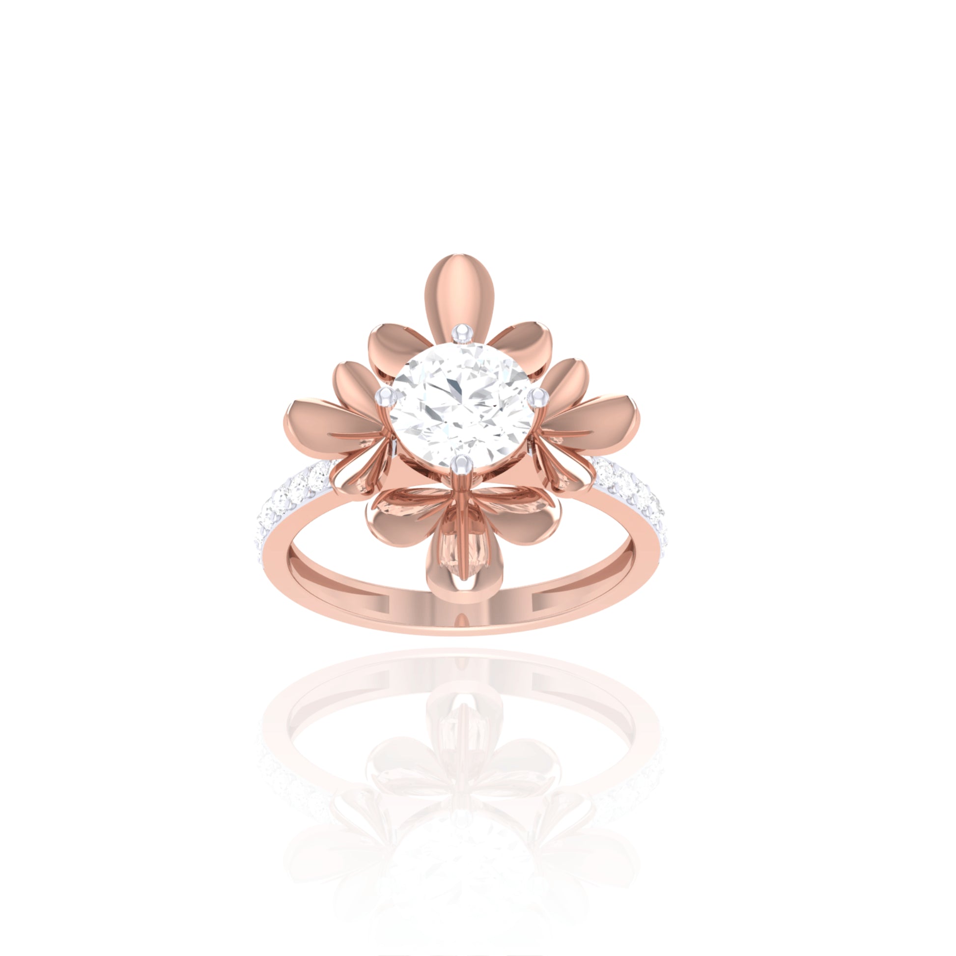 925 Silver Rose Gold Floral Diamond Solitaire Ring
